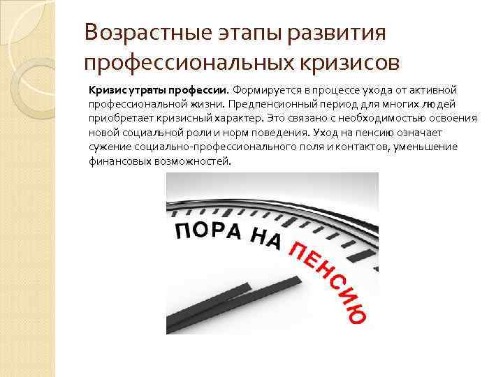 Возрастные этапы развития профессиональных кризисов Кризис утраты профессии. Формируется в процессе ухода от активной Возрастные этапы развития профессиональных кризисов Кризис утраты профессии. Формируется в процессе ухода от активной