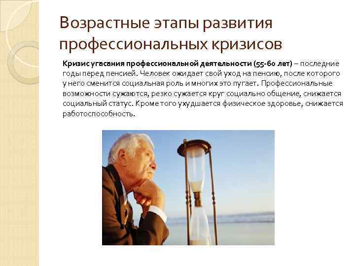 Возрастные этапы развития профессиональных кризисов Кризис угасания профессиональной деятельности (55 -60 лет) – последние Возрастные этапы развития профессиональных кризисов Кризис угасания профессиональной деятельности (55 -60 лет) – последние
