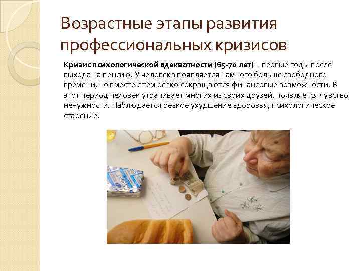Возрастные этапы развития профессиональных кризисов Кризис психологической адекватности (65 -70 лет) – первые годы Возрастные этапы развития профессиональных кризисов Кризис психологической адекватности (65 -70 лет) – первые годы