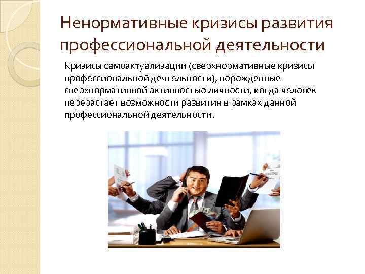 Ненормативные кризисы развития профессиональной деятельности Кризисы самоактуализации (сверхнормативные кризисы профессиональной деятельности), порожденные сверхнормативной активностью Ненормативные кризисы развития профессиональной деятельности Кризисы самоактуализации (сверхнормативные кризисы профессиональной деятельности), порожденные сверхнормативной активностью