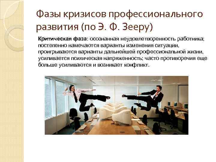 Фазы кризисов профессионального развития (по Э. Ф. Зееру) Критическая фаза: осознанная неудовлетворенность работника; постепенно Фазы кризисов профессионального развития (по Э. Ф. Зееру) Критическая фаза: осознанная неудовлетворенность работника; постепенно