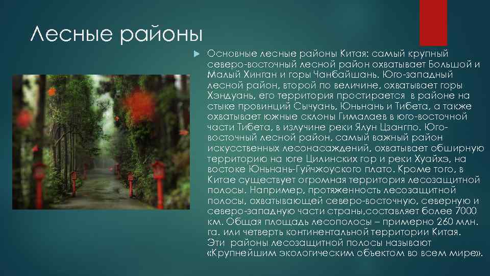 Лесные районы   Основные лесные районы Китая: самый крупный   северо-восточный лесной