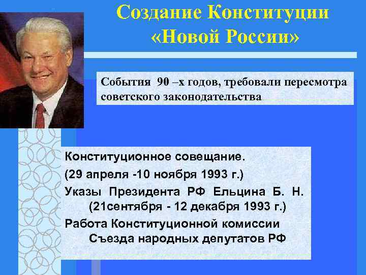  Создание Конституции   «Новой России»  События 90 –х годов, требовали