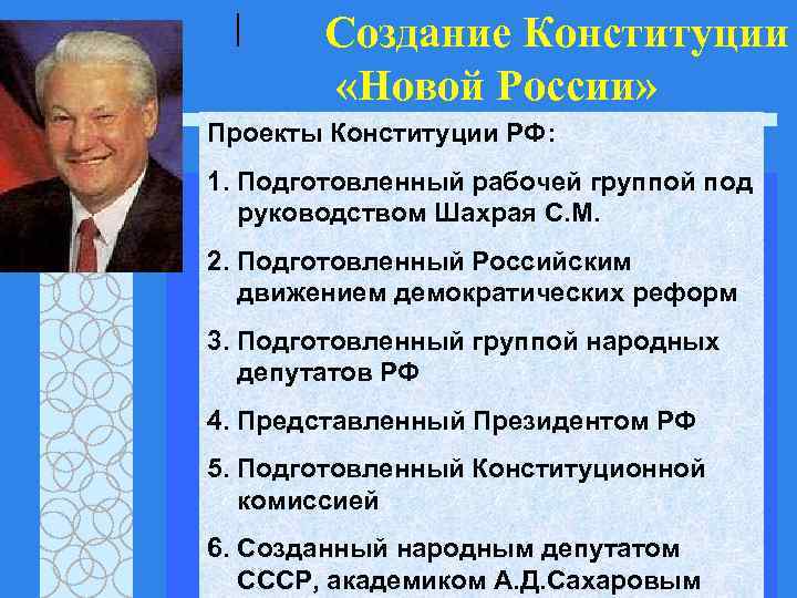  | Создание Конституции   «Новой России» Проекты Конституции РФ: 1. Подготовленный рабочей