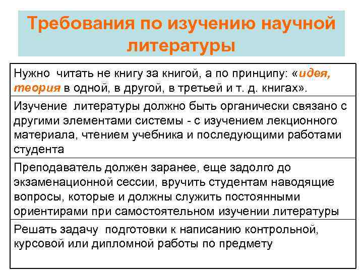  Требования по изучению научной  литературы Нужно читать не книгу за книгой, а