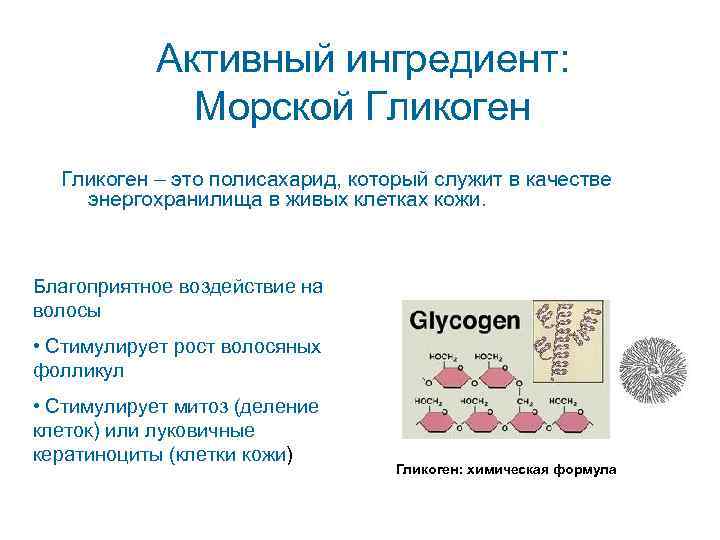   Активный ингредиент:    Морской Гликоген – это полисахарид, который служит