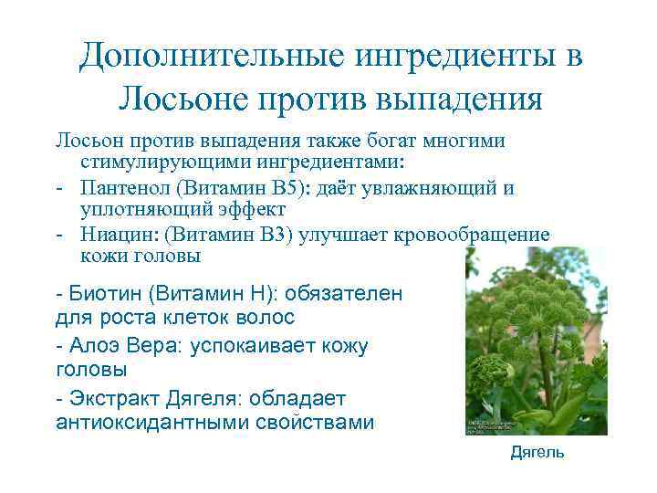  Дополнительные ингредиенты в Лосьоне против выпадения Лосьон против выпадения также богат многими 