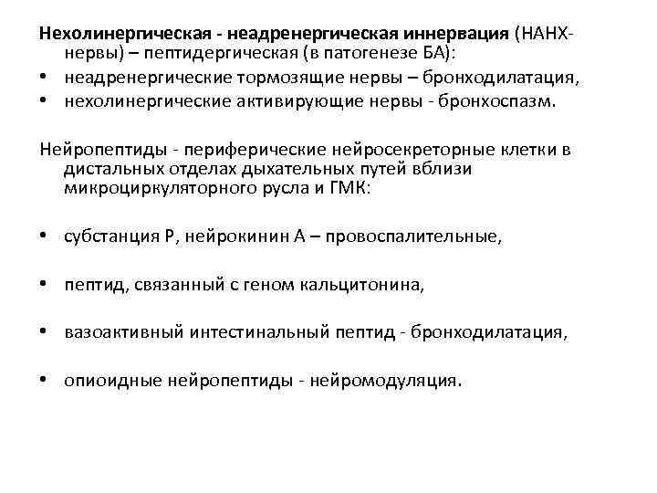 Нехолинергическая - неадренергическая иннервация (НАНХ-  нервы) – пептидергическая (в патогенезе БА):  •