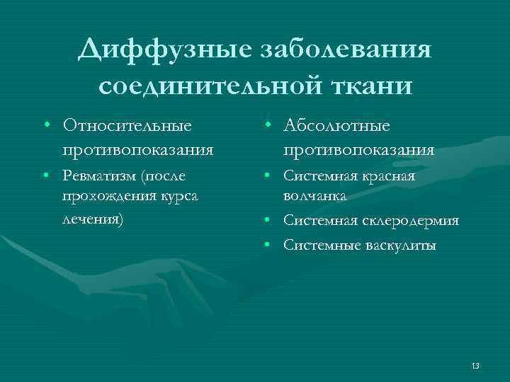   Диффузные заболевания соединительной ткани • Относительные  • Абсолютные  противопоказания •