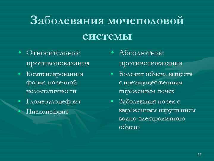   Заболевания мочеполовой  системы • Относительные  • Абсолютные  противопоказания •