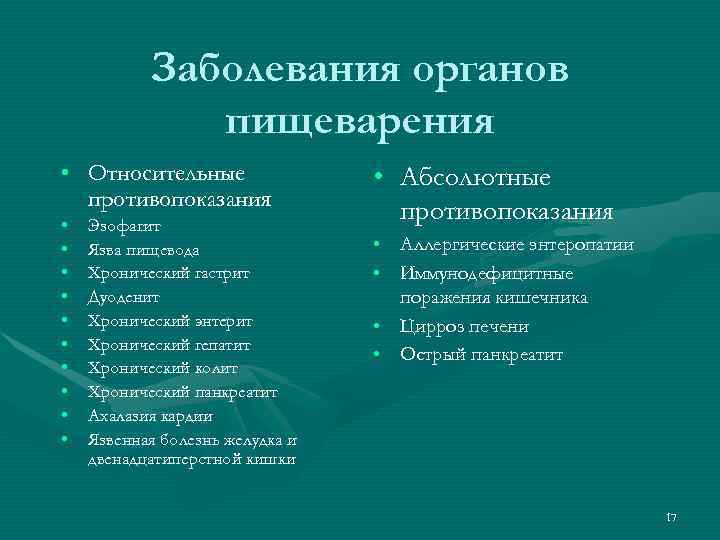   Заболевания органов    пищеварения • Относительные    •
