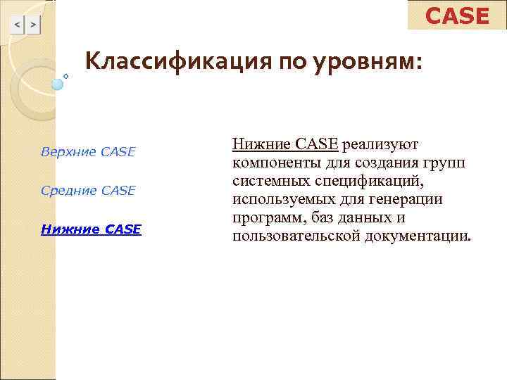     CASE  Классификация по уровням:  Верхние CASE  