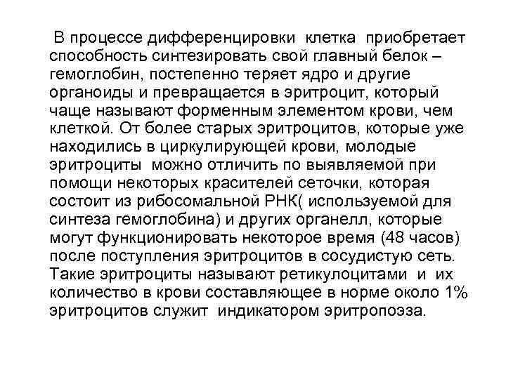  В процессе дифференцировки клетка приобретает способность синтезировать свой главный белок – гемоглобин, постепенно