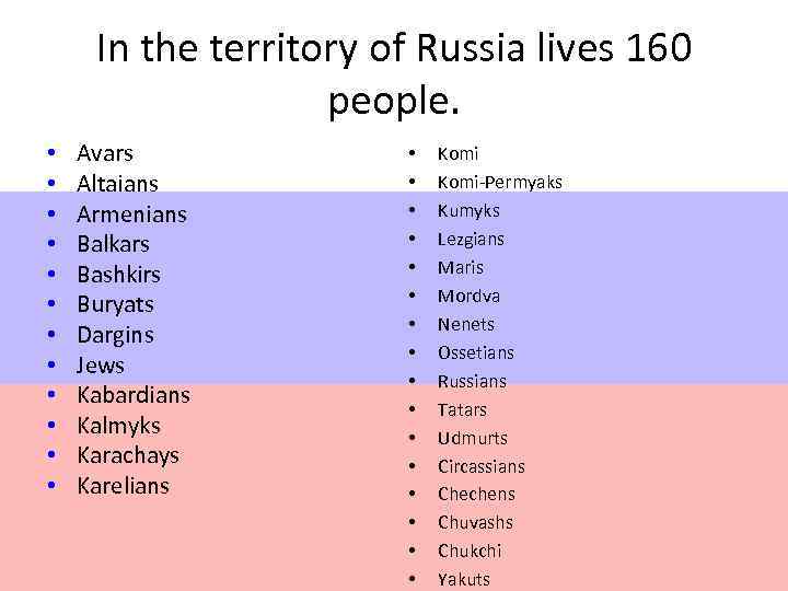  In the territory of Russia lives 160     people. 