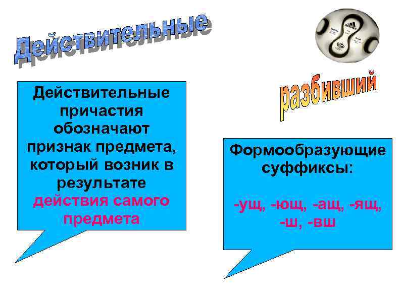  Действительные причастия  обозначают признак предмета,  Формообразующие который возник в  суффиксы: