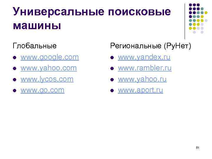 Универсальные поисковые машины Глобальные   Региональные (Ру. Нет) l www. google. com 