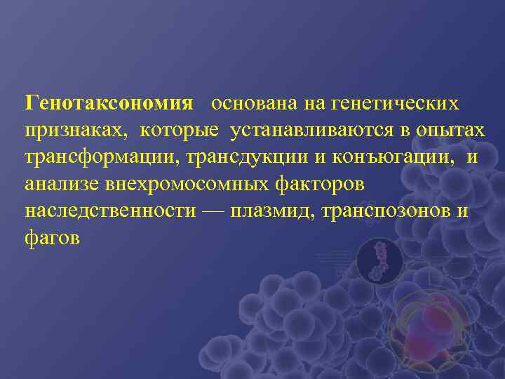 Генотаксономия основана на генетических признаках, которые устанавливаются в опытах трансформации, трансдукции и конъюгации, и