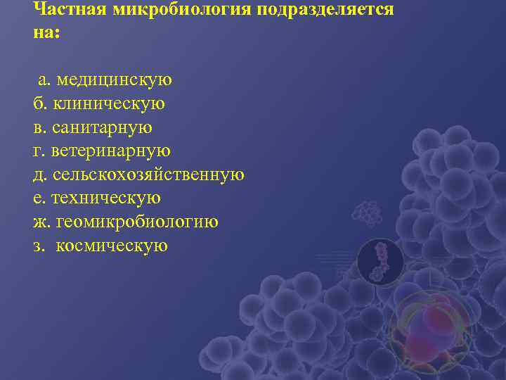 Частная микробиология подразделяется на:  а. медицинскую б. клиническую в. санитарную г. ветеринарную д.