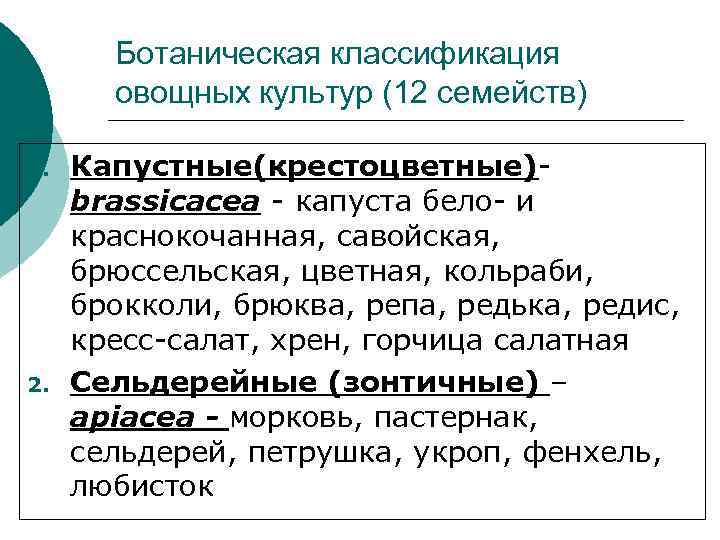   Ботаническая классификация  овощных культур (12 семейств) 1.  Капустные(крестоцветные)-  brassicacea