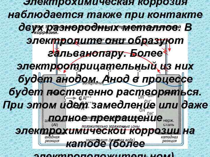   Электрохимическая коррозия  наблюдается также при контакте двух разнородных металлов. В электролите