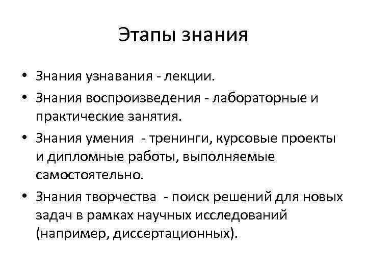    Этапы знания • Знания узнавания - лекции.  • Знания воспроизведения