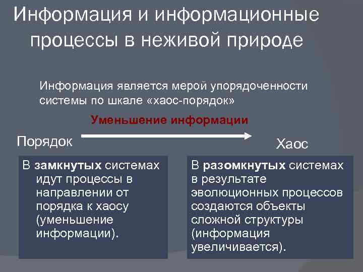 Информация и информационные процессы в неживой природе  Информация является мерой упорядоченности  системы
