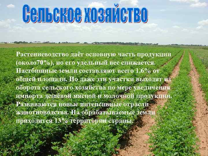 Растениеводство даёт основную часть продукции (около 70%), но его удельный вес снижается. Пастбищные земли