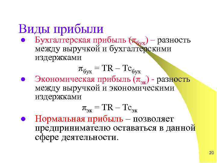 Виды прибыли l  Бухгалтерская прибыль (πбух) – разность между выручкой и бухгалтерскими издержками