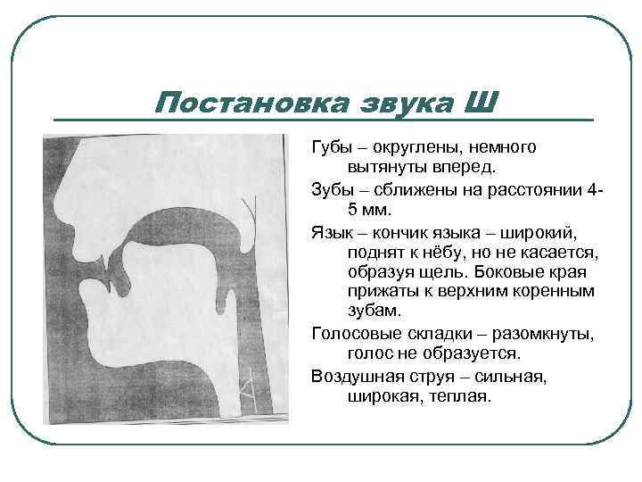 Постановка звука Ш   Губы – округлены, немного   вытянуты вперед. 