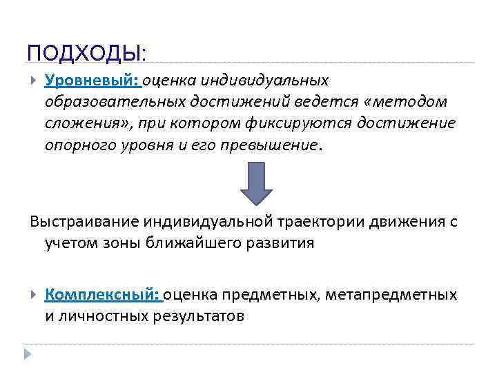 ПОДХОДЫ: Уровневый: оценка индивидуальных образовательных достижений ведется «методом сложения» , при котором фиксируются достижение
