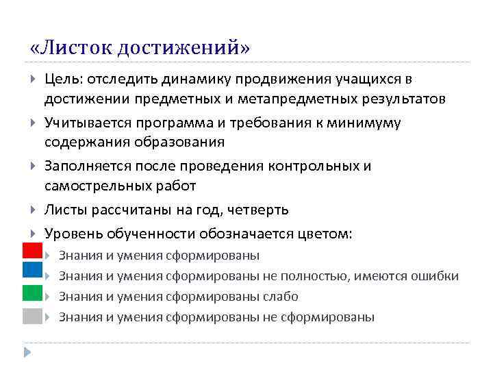  «Листок достижений» Цель: отследить динамику продвижения учащихся в достижении предметных и метапредметных результатов