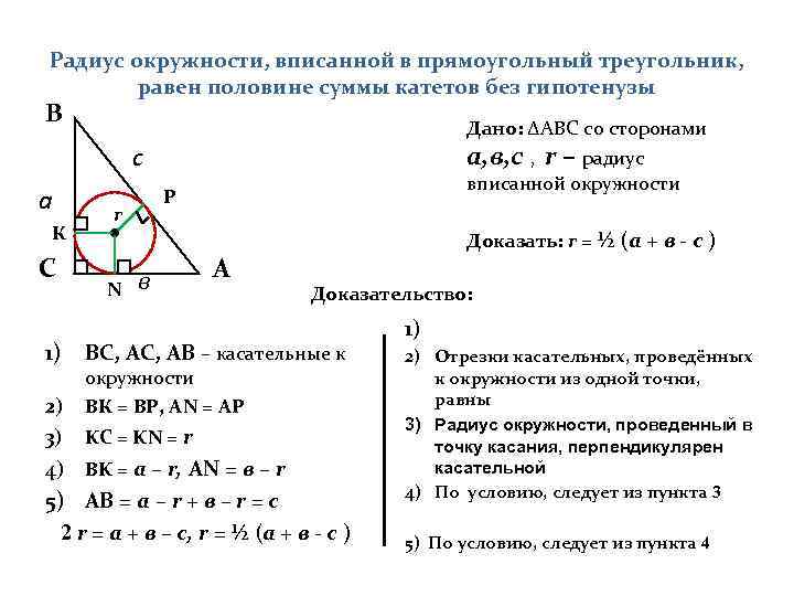 Радиус окружности, вписанной в прямоугольный треугольник,   равен половине суммы катетов без гипотенузы