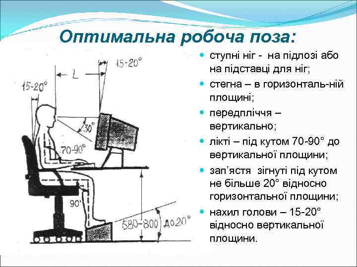 Оптимальна робоча поза:   ступні ніг - на підлозі або   