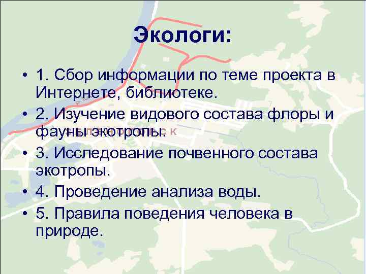    Экологи:  • 1. Сбор информации по теме проекта в 