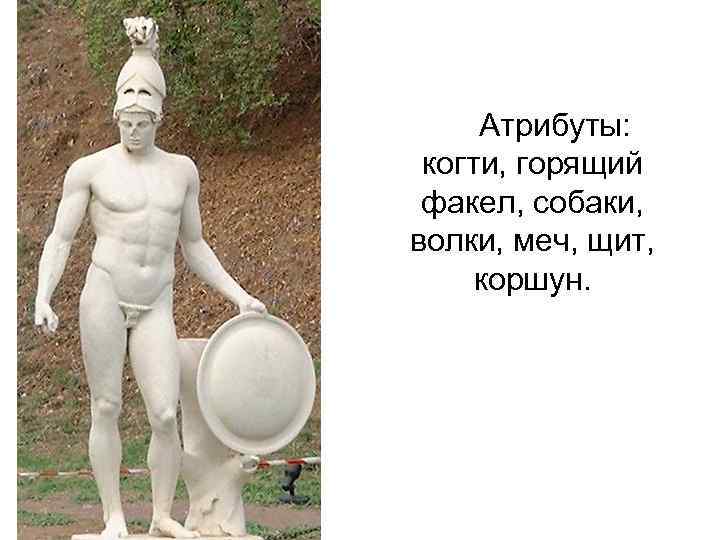  Атрибуты:  когти, горящий  факел, собаки,  волки, меч, щит,  