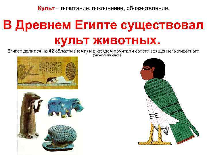    Культ – почитание, поклонение, обожествление.  В Древнем Египте существовал 
