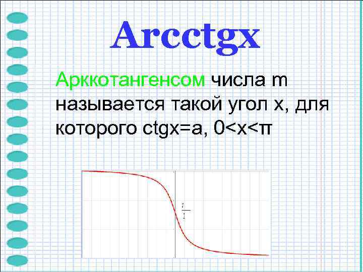  Arcctgх Арккотангенсом числа m называется такой угол x, для которого ctgx=a, 0<x<π 