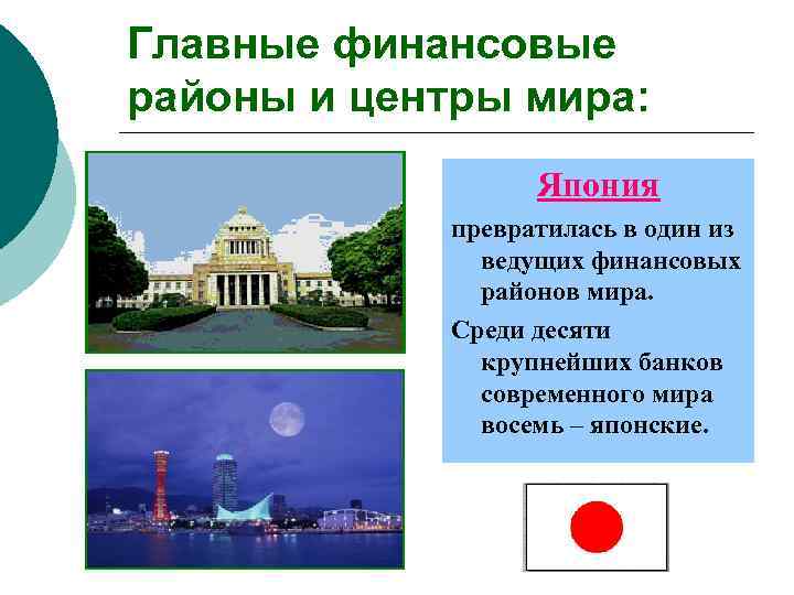 Главные финансовые районы и центры мира:    Япония   превратилась в
