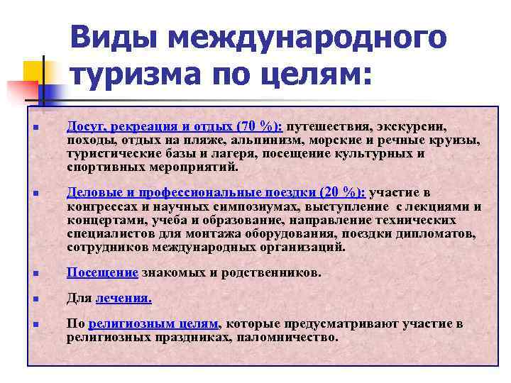   Виды международного туризма по целям: n  Досуг, рекреация и отдых (70