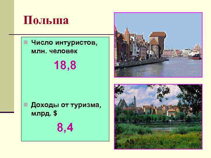 Польша n Число интуристов,  млн. человек   18, 8  n Доходы