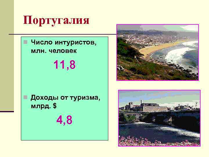 Португалия n Число интуристов,  млн. человек   11, 8 n Доходы от