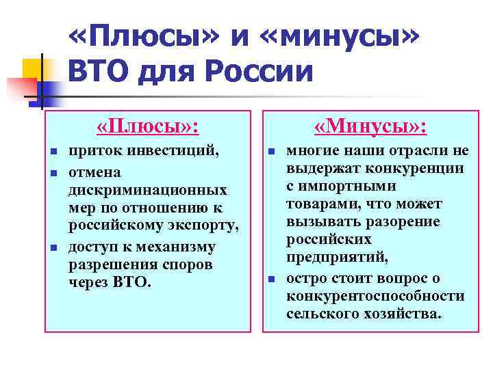  «Плюсы» и «минусы» ВТО для России   «Плюсы» :   