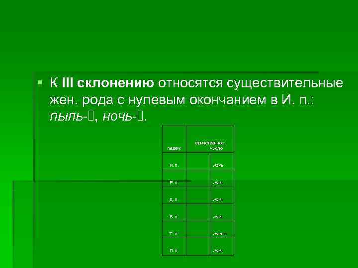 § К III склонению относятся существительные  жен. рода с нулевым окончанием в И.