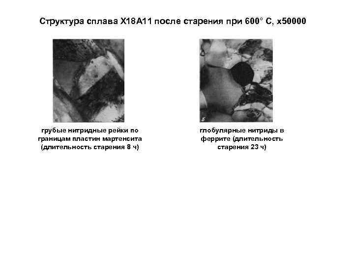Структура сплава Х 18 А 11 после старения при 600° С, х50000 грубые нитридные