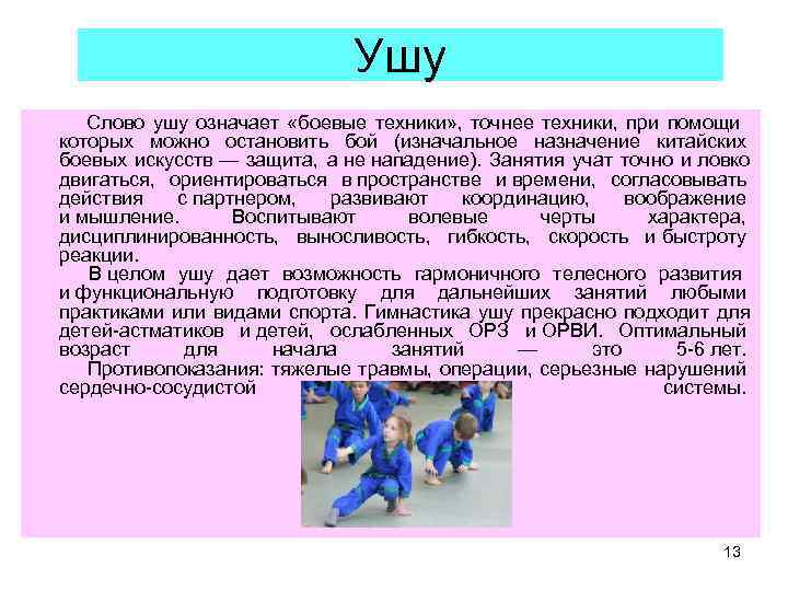        Ушу  Слово ушу означает  «боевые