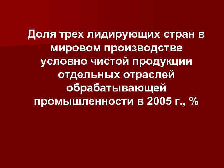 Доля трех лидирующих стран в мировом производстве  условно чистой продукции  отдельных отраслей