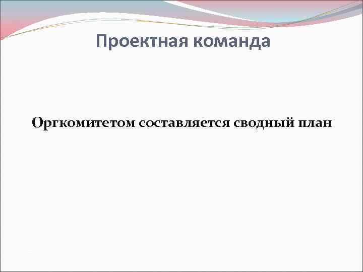   Проектная команда   Оргкомитетом составляется сводный план 