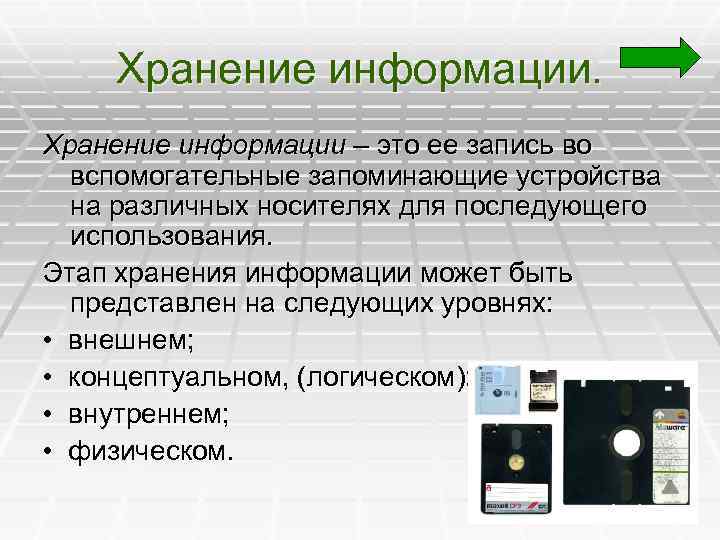   Хранение информации – это ее запись во вспомогательные запоминающие устройства на различных