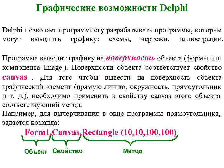    Графические возможности Delphi позволяет программисту разрабатывать программы, которые могут выводить графику: