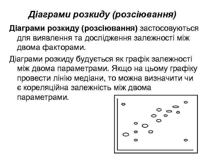   Діаграми розкиду (розсіювання) застосовуються  для виявлення та дослідження залежності між 